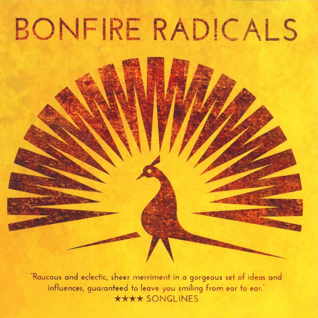 Bonfire Radicals logo like a peacock or phoenix with a quote and four star rating from Songlines magazine.